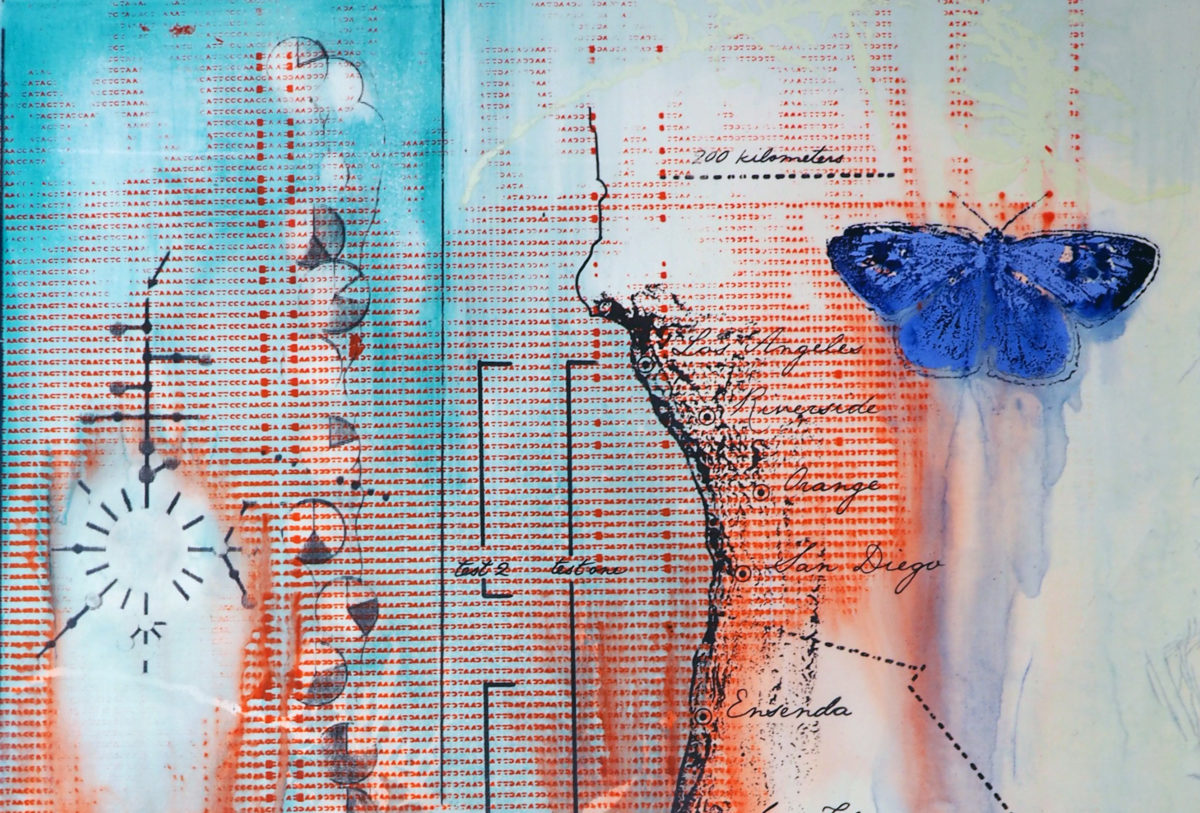 artwork entitled Coastal Sage with Map and Blue, water color and mixed media