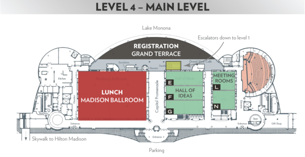 Map of level 4, the main level of the Frank Lloyd Wright Convention Center