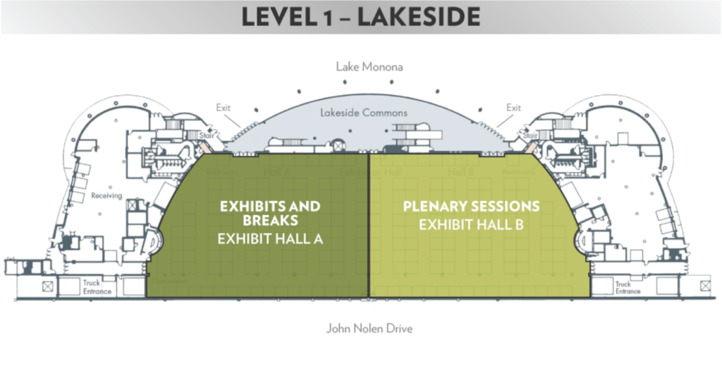 map of level 1 of the Frank Lloyd Wright Convention Center, on the lake side